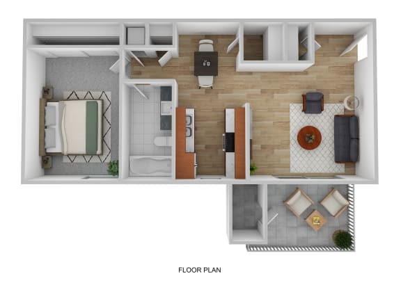 a stylized floor plan with a bedroom and a living room