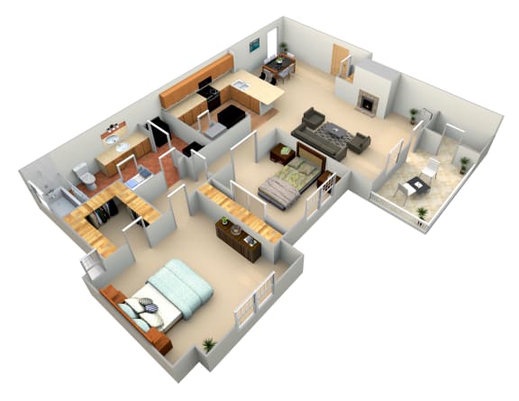 3d floor plan of a home with a bedroom and living room
