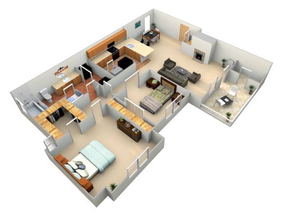 3d floor plan of a house with a bedroom and a living room
