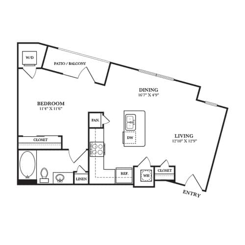 A floor plan of a small apartment with a bedroom, living room, and dining area.