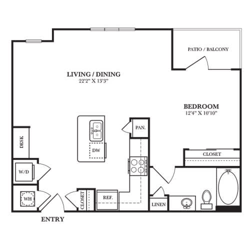 A black and white image of a house plan with a living room, dining room, and bedroom.