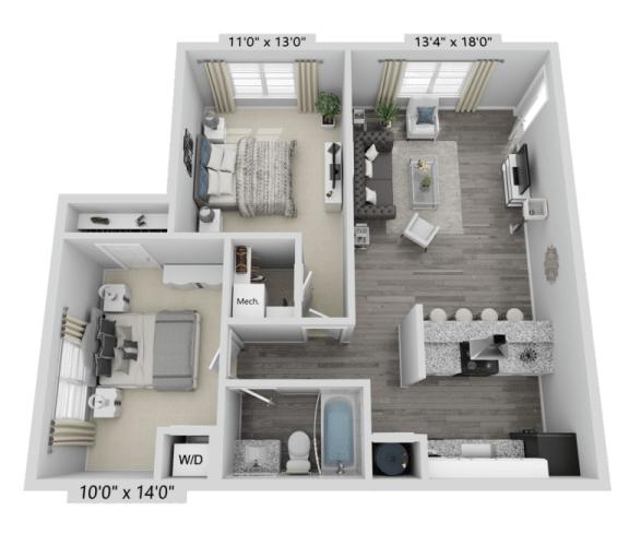 a 2 bedroom floor plan with a bathroom and a living room
