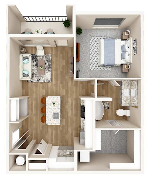 A 3D rendered image of a small apartment with a bedroom, bathroom, and living room.