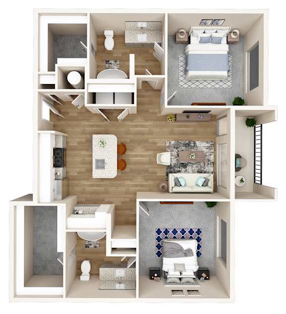 A 3D floor plan of a small apartment with a bedroom, living room, kitchen, and bathroom.