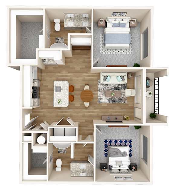 A 3D floor plan of a small apartment with a bedroom, living room, kitchen, and bathroom.