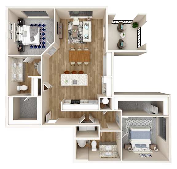A 3D floor plan of a small apartment with a kitchen, living room, and bedrooms.