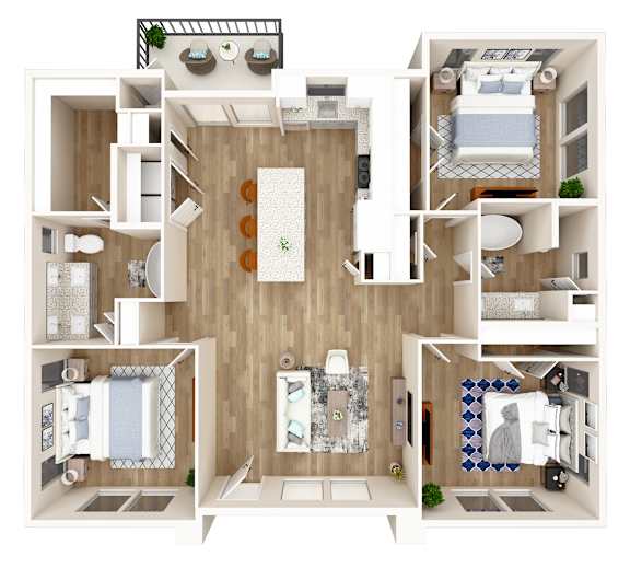 A 3D floor plan of a house with a kitchen, living room, and bathrooms.