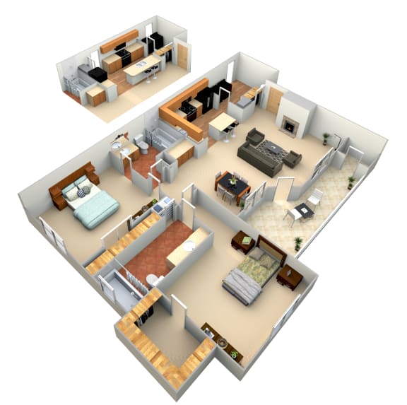 3d floor plan of a home with a bedroom and living room