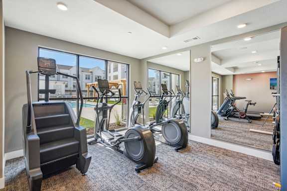 the gym at the preserve at polo terrace apartments