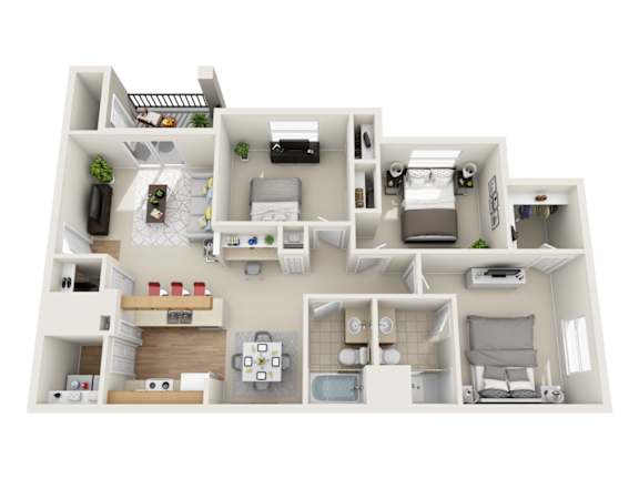 A 3D floor plan of a small apartment with a kitchen, living room, and bedroom.