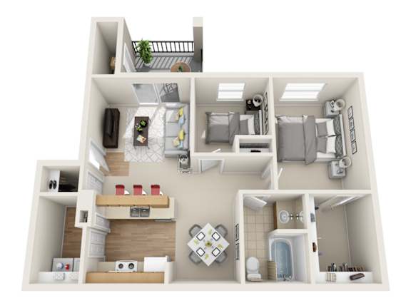 A 3D floor plan of a small apartment with a kitchen, living room, and bathroom.