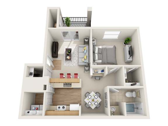 A top-down view of a two-story apartment with a living room, kitchen, dining area, and bedrooms.