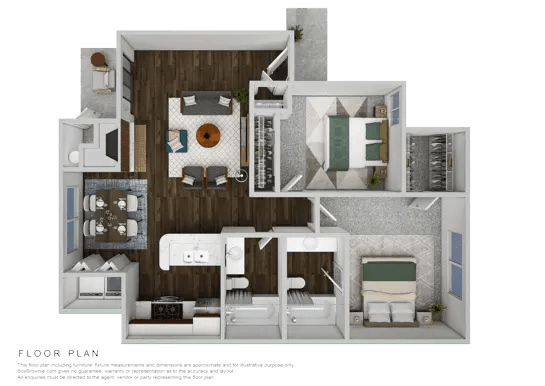 3d furnished floor plan for a 1 bedroom apartment