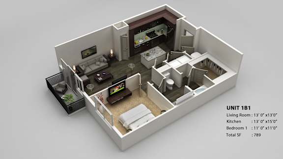 A 3D rendered image of a small apartment layout with a living room, kitchen, and bedroom.
