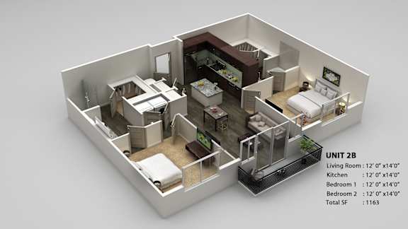 A 3D model of a small apartment layout with a living room, kitchen, and two bedrooms.