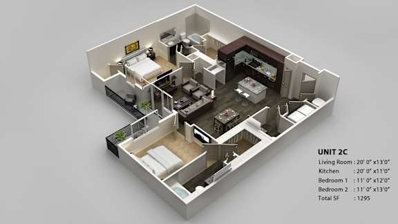 A 3D floor plan of a small apartment layout.
