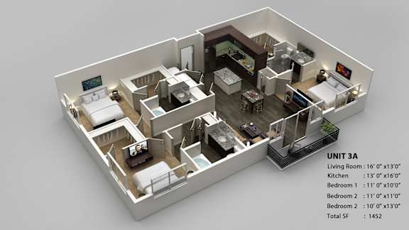 A 3D floor plan of a unit with a living room, kitchen, and two bedrooms.