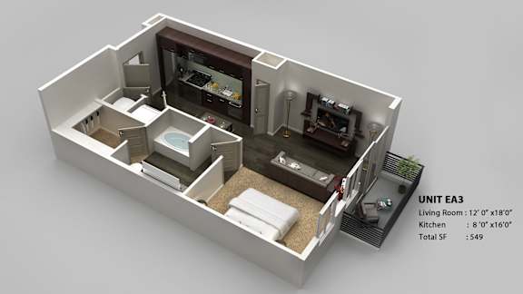 A 3D model of a living room and kitchen area in a small apartment layout.