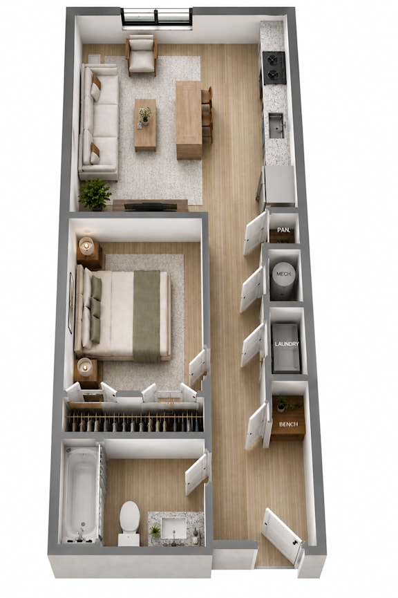 A 3D floor plan of a small apartment with a kitchen, living room, and bathroom.