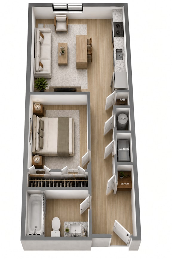 A 3D floor plan of a small apartment with a kitchen, living room, and bathroom.