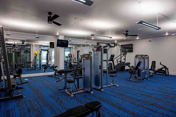 A gym with a variety of equipment including treadmills, weights, and exercise machines.