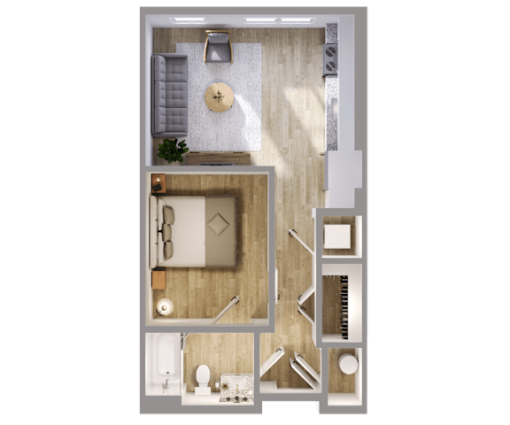 A top-down view of a small apartment with a bedroom, bathroom, and kitchen area.
