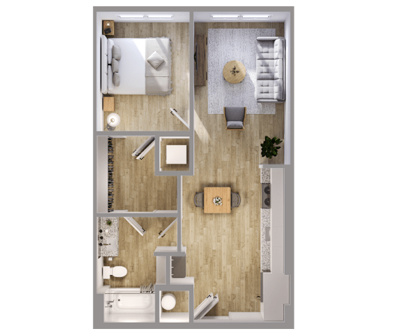 A top-down view of a small apartment with a kitchen, living room, and bathroom.