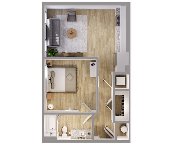 A top-down view of a small apartment with a living room, kitchen, and bathroom.