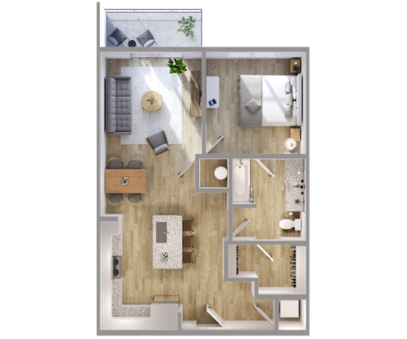 A top-down view of a house layout with a living room, kitchen, and bedrooms.