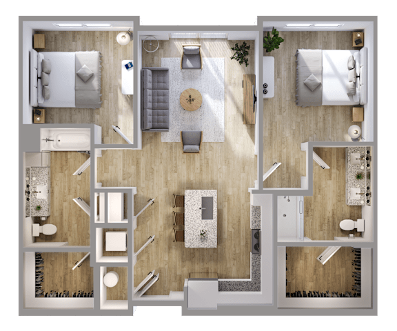 A top-down view of a house interior with a kitchen, living room, and dining area.