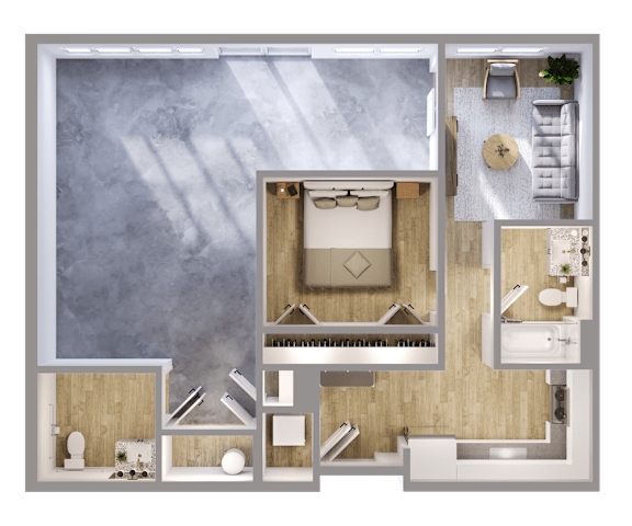 A top-down view of a modern apartment layout with a central living area, bedrooms, and bathrooms.