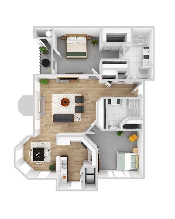 A top-down view of a modern apartment layout with a living room, kitchen, and bedrooms.