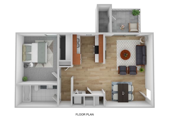 a stylized floor plan with a bedroom and a living room