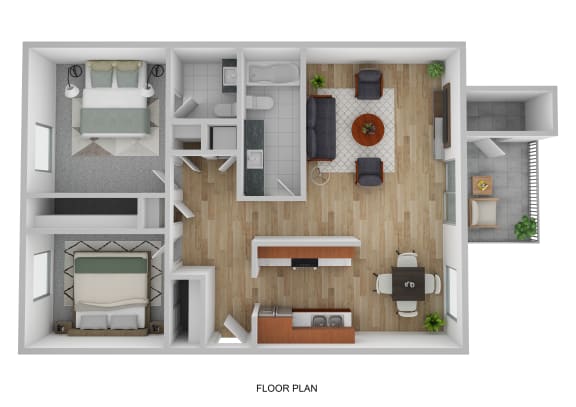 a stylized floor plan with a bedroom and living room