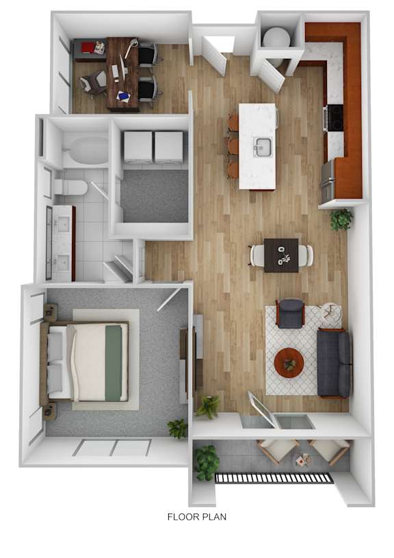 A floor plan of a small apartment with a kitchen, living room, and bathroom.