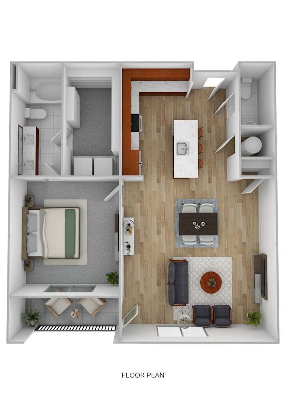 A floor plan of a small apartment with a kitchen, living room, and bathroom.