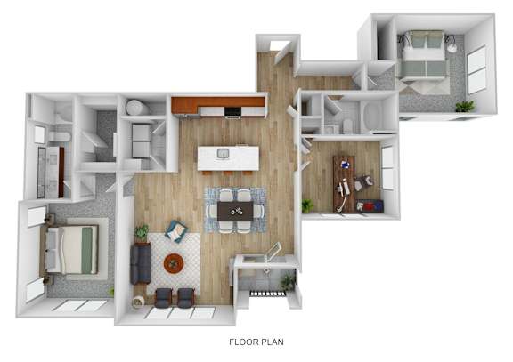 A floor plan of a house with a kitchen, living room, dining room, and bedrooms.