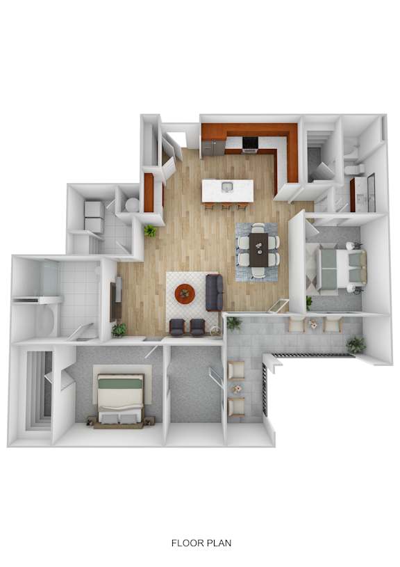A floor plan of a house with a kitchen, living room, and bedrooms.