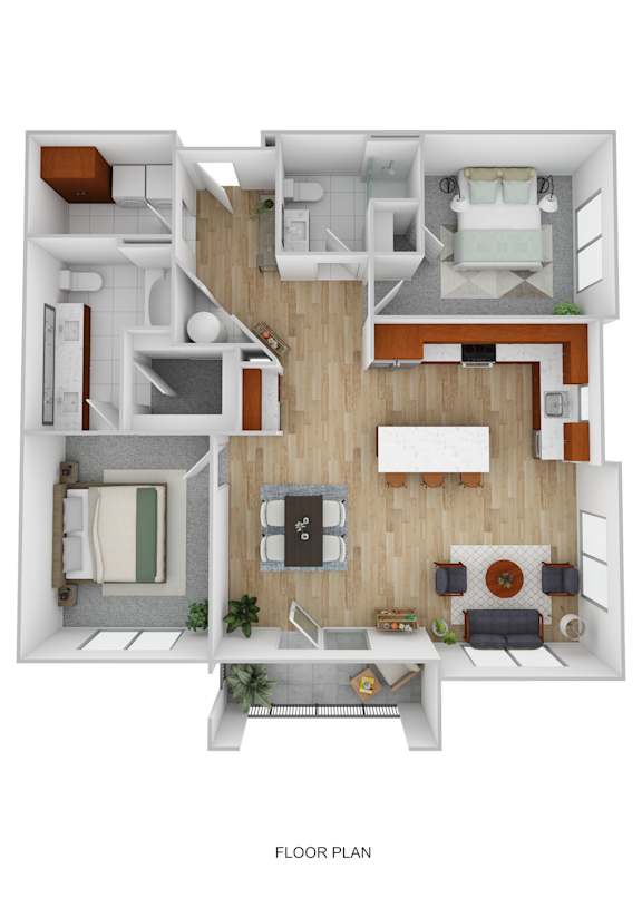 A floor plan of a house with a living room, kitchen, and two bedrooms.