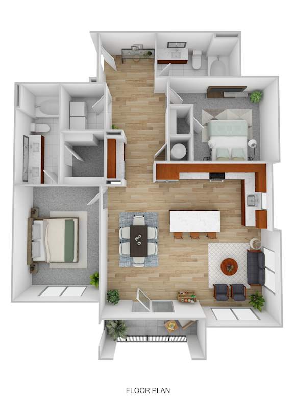 A floor plan of a two-story apartment with a living room, dining room, kitchen, and bedrooms.
