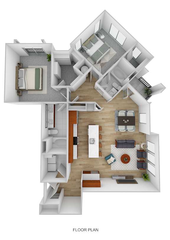 A floor plan of a house with a living room, dining room, kitchen, and bedrooms.