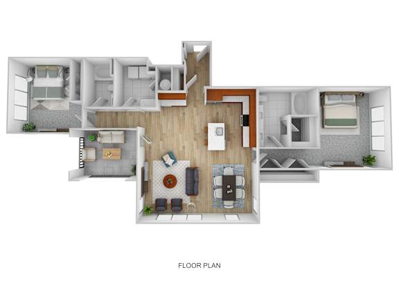 A floor plan of a house with a living room, kitchen, and bedrooms.