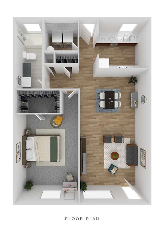A floor plan of a small apartment with a kitchen, living room, and bathroom.