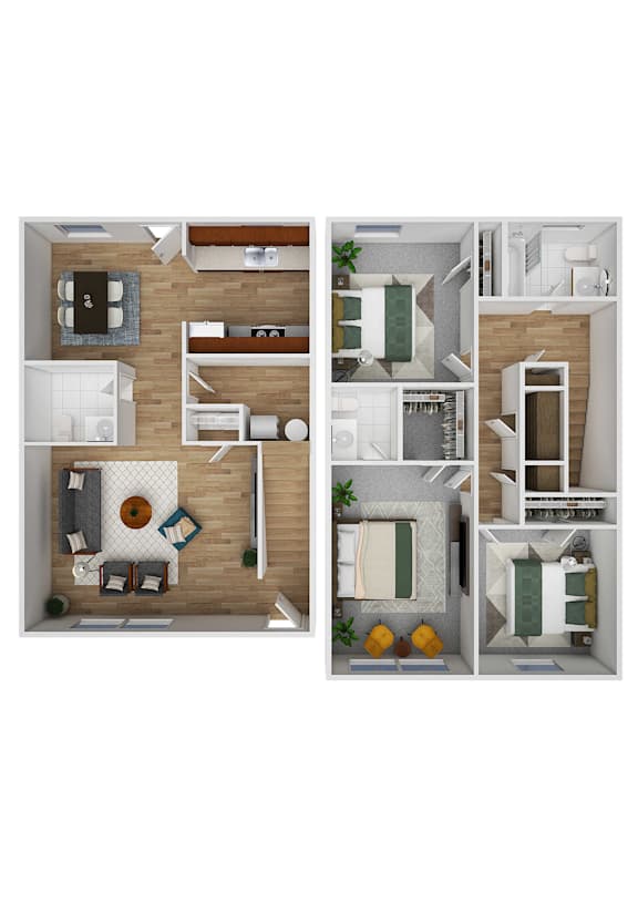 A 3D floor plan of a house with a living room, kitchen, dining room, and bedrooms.