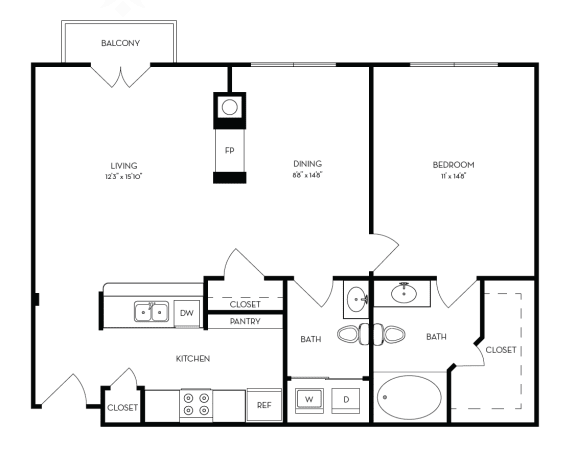 this is a drawing of a 1 bedroom floor plan with baths