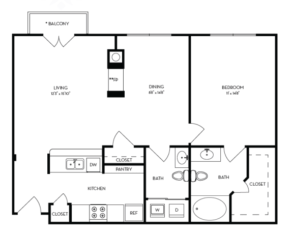 this is a drawing of a 1 bedroom floor plan with baths and a closet