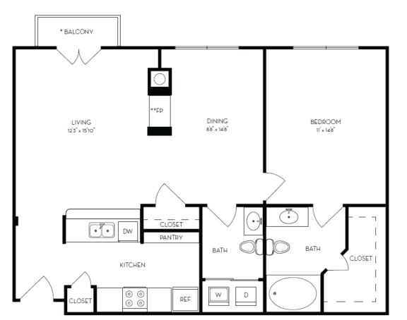 a floor plan of a 1 bedroom floor plan with a bathroom and a kitchen
