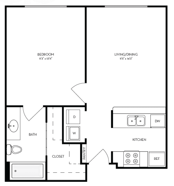 a floor plan of a studio apartment with a bedroom and a living room