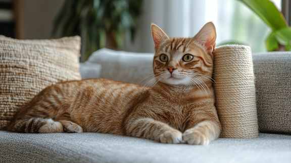 A ginger cat is lying on a grey couch with a beige pillow.