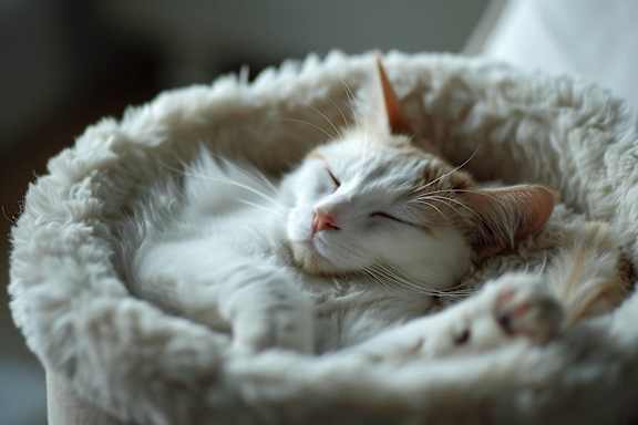 A cat is sleeping peacefully in a cozy bed.